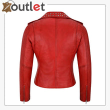 Load image into Gallery viewer, Red Studded Rock Chic Biker Motorcycle Style Leather Jacket