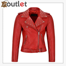 Load image into Gallery viewer, Red Studded Rock Chic Biker Motorcycle Style Leather Jacket