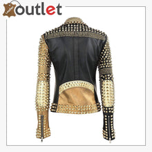 Load image into Gallery viewer, Stylish Golden Studded Black Brando Leather Jacket