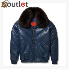 Load image into Gallery viewer, Top Rated Navy Leather V Bomber Jacket
