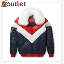 Load image into Gallery viewer, Two-Tone Red and White V Bomber Leather Jacket - Leather Outlet