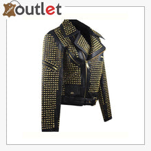 Load image into Gallery viewer, Womens Full Golden Studded Leather Jacket - Leather Outlet