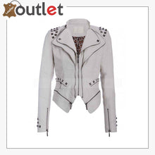 Load image into Gallery viewer, Womens White Studded Punk Leather Jacket - Leather Outlet