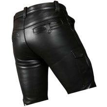 Load image into Gallery viewer, Double Front Zipper Real Sheepskin Black Leather Cargo Shorts For Men Leather Outlet