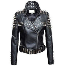Load image into Gallery viewer, Handmade Women Black Punk Silver Spiked Studded Leather Biker Jacket - Leather Outlet