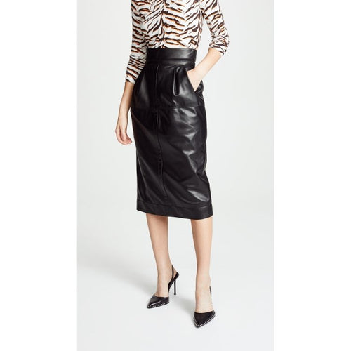 Womens High Waisted Pure Black Leather Midi Length Skirt Leather Outlet