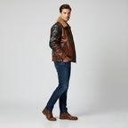 Herren Zweifarbige Leder-Bomberjacke – Tan & Black Fliegerstil