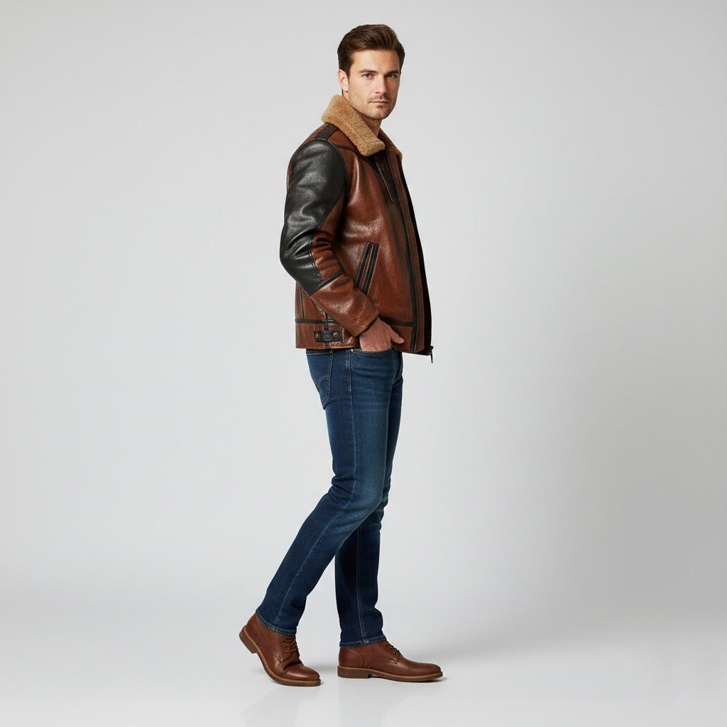 Herren Zweifarbige Leder-Bomberjacke – Tan & Black Fliegerstil