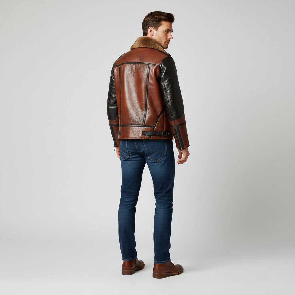 Herren Zweifarbige Leder-Bomberjacke – Tan & Black Fliegerstil