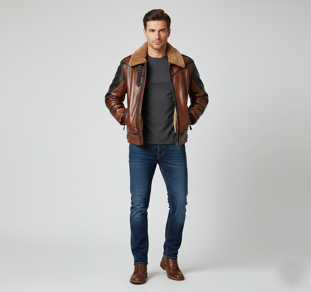 Herren Zweifarbige Leder-Bomberjacke – Tan & Black Fliegerstil