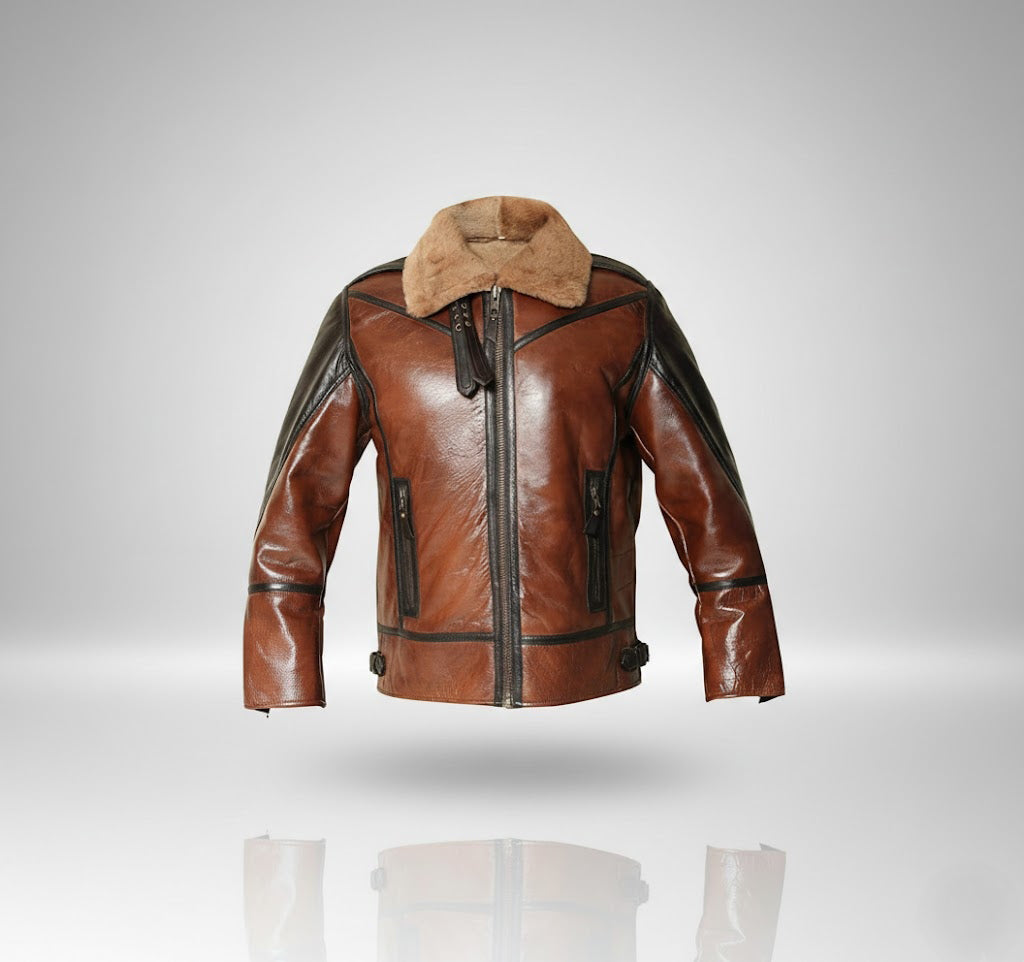 Herren Zweifarbige Leder-Bomberjacke – Tan & Black Fliegerstil