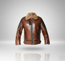 Load image into Gallery viewer, Men’s Two-Tone Leather Bomber Jacket – Tan &amp; Black Flight Style
