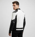 Men’s Two-Tone Cafe Racer Leather Jacket – Black & White Moto Style