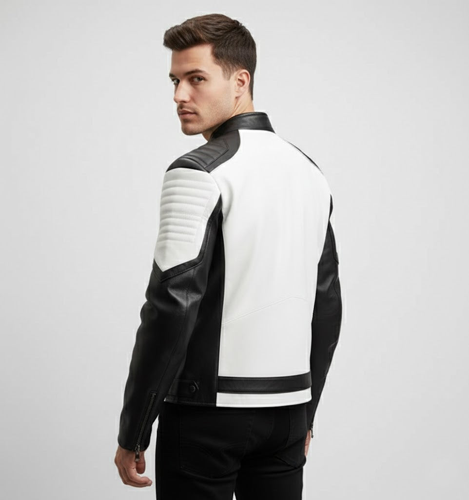 Men’s Two-Tone Cafe Racer Leather Jacket – Black & White Moto Style