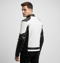 Load image into Gallery viewer, Men’s Two-Tone Cafe Racer Leather Jacket – Black &amp; White Moto Style
