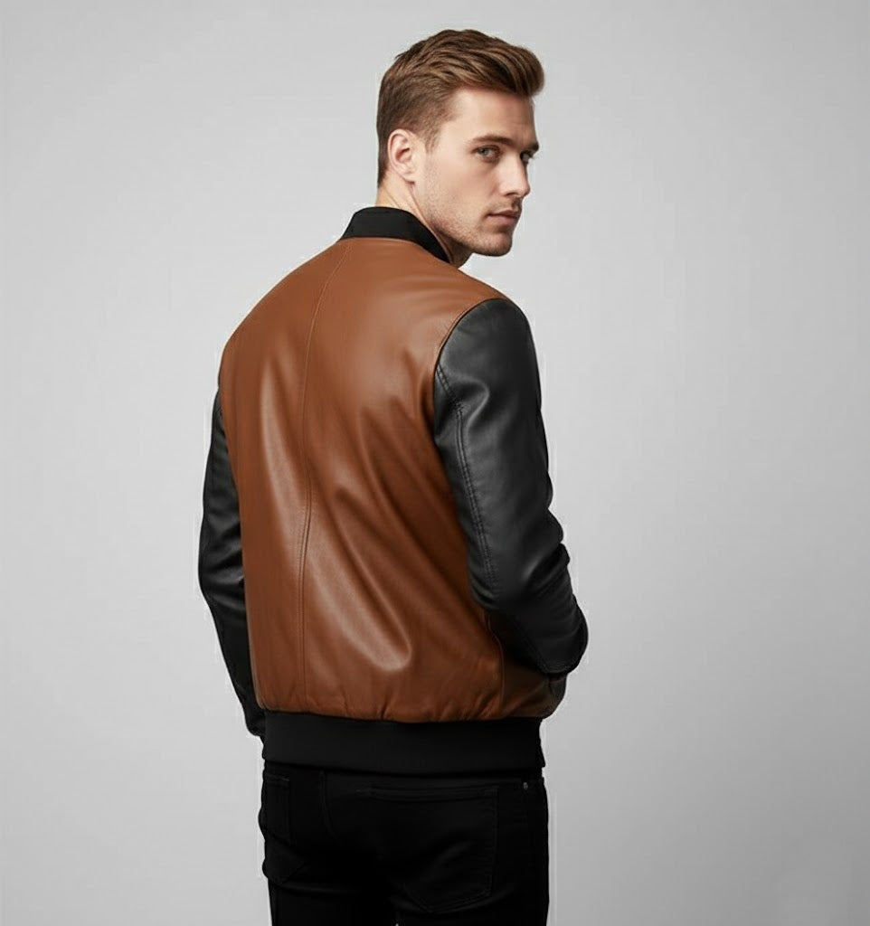 Men’s Tri-Color Leather Bomber Jacket – Real Varsity Style