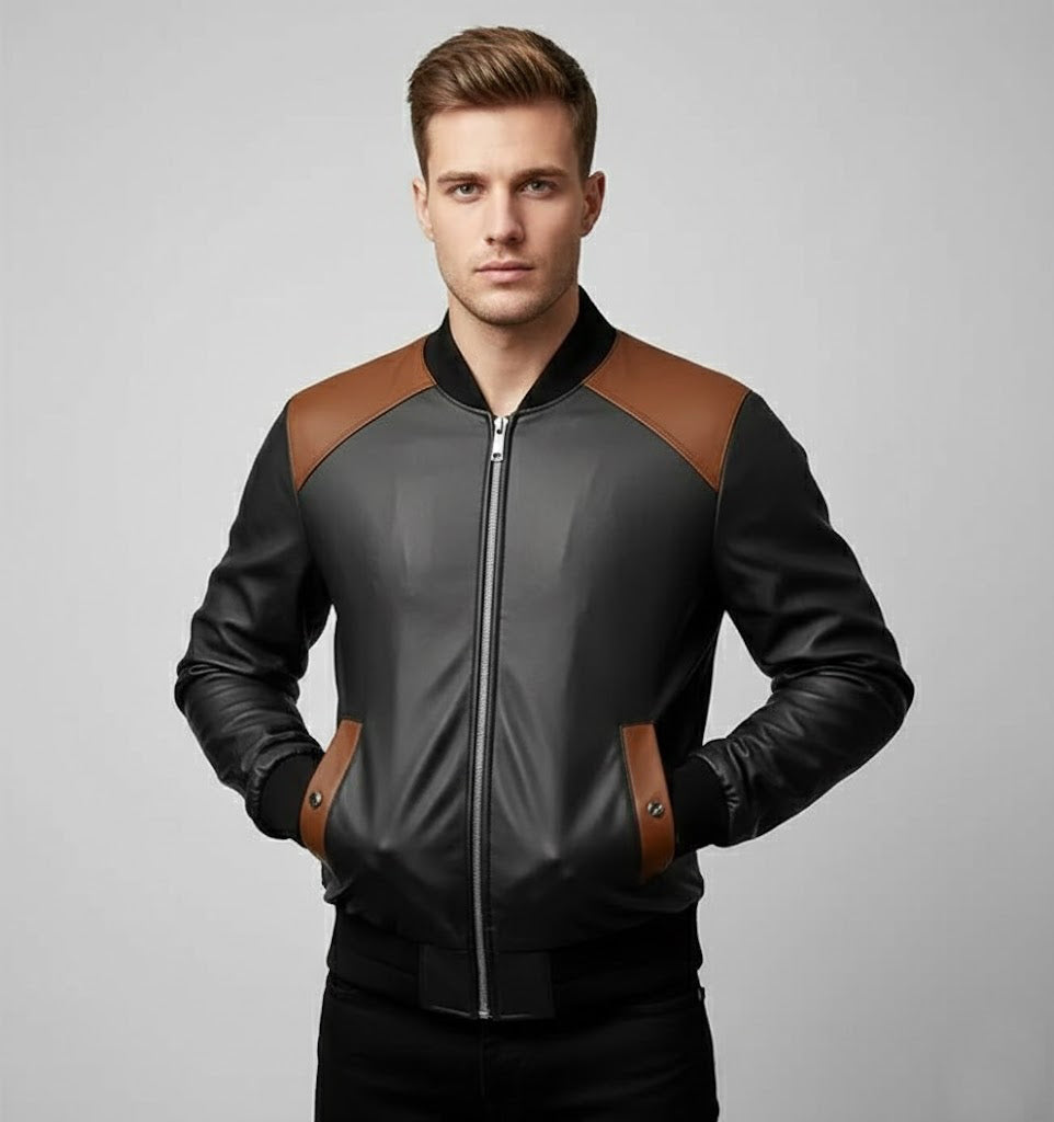 Men’s Tri-Color Leather Bomber Jacket – Real Varsity Style