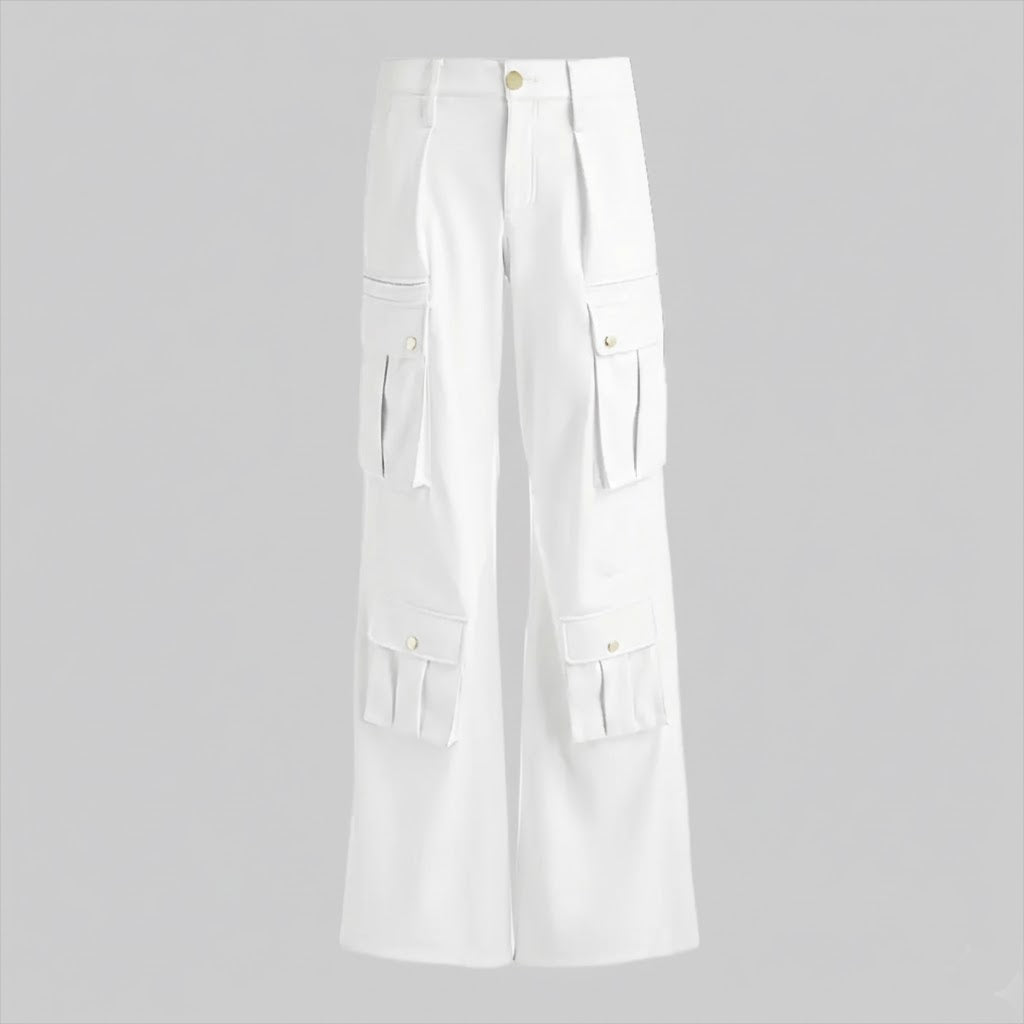 Damen Cargo-Lederhose in Weiß – Weite Beine Premium Echtleder Utility-Hose