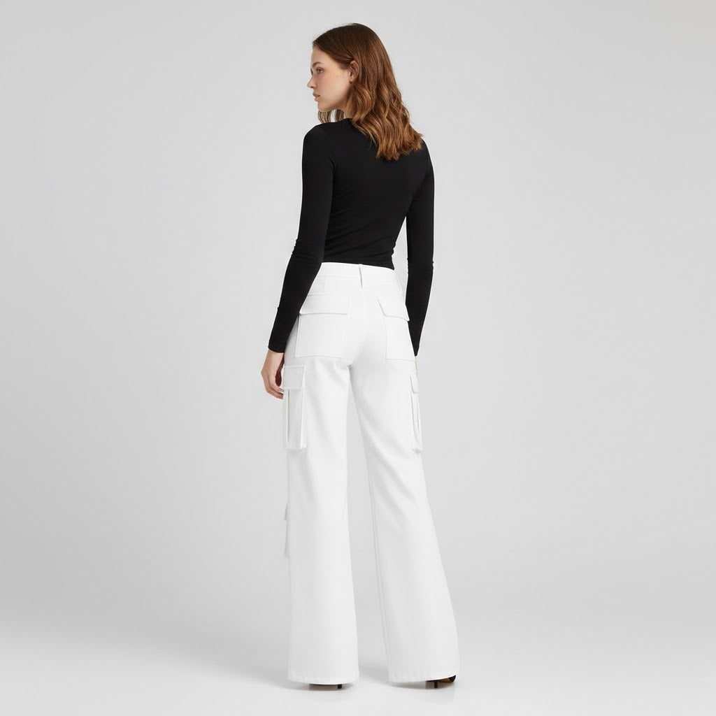 Damen Cargo-Lederhose in Weiß – Weite Beine Premium Echtleder Utility-Hose