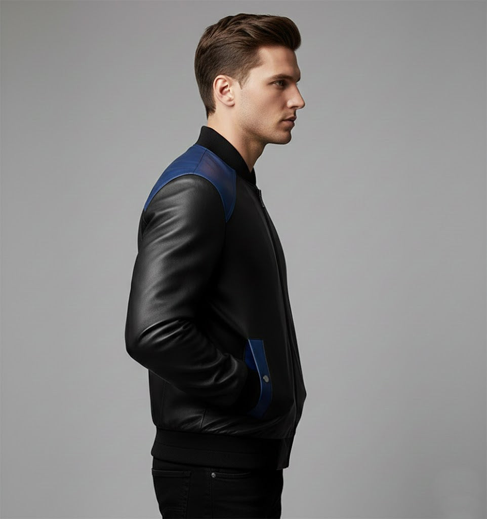 Men’s Black & Royal Blue Leather Bomber Jacket – Two-Tone Varsity Style