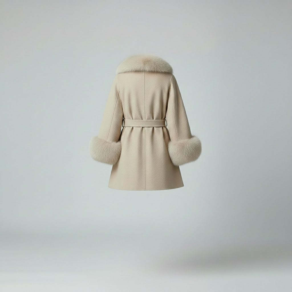 Luxuriöser beigefarbener Kaschmir-Poncho-Cape mit Pelzbesatz