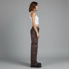 Load image into Gallery viewer, Women’s Brown Leather Cargo Pants – Wide-Leg Genuine Leather Utility Trousers

