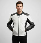 Men’s Two-Tone Cafe Racer Leather Jacket – Black & White Moto Style