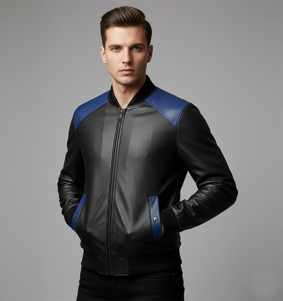 Men’s Black & Royal Blue Leather Bomber Jacket – Two-Tone Varsity Style