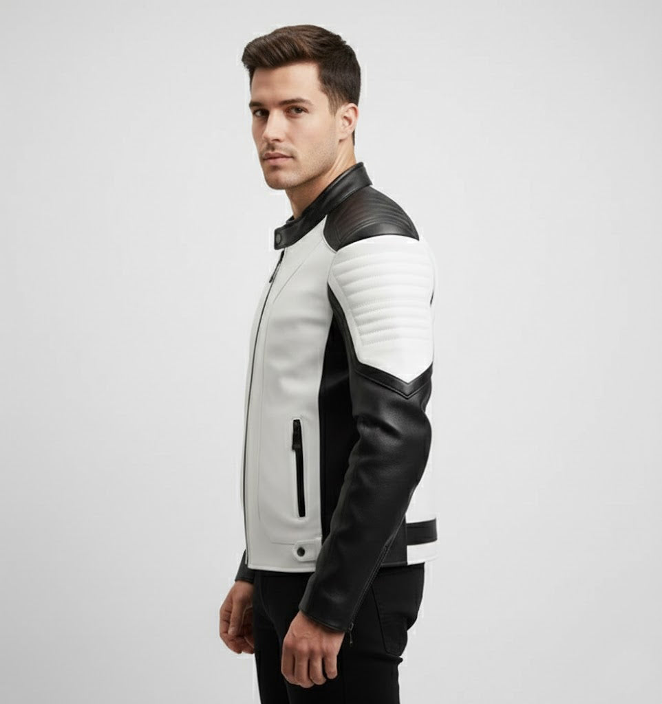 Men’s Two-Tone Cafe Racer Leather Jacket – Black & White Moto Style