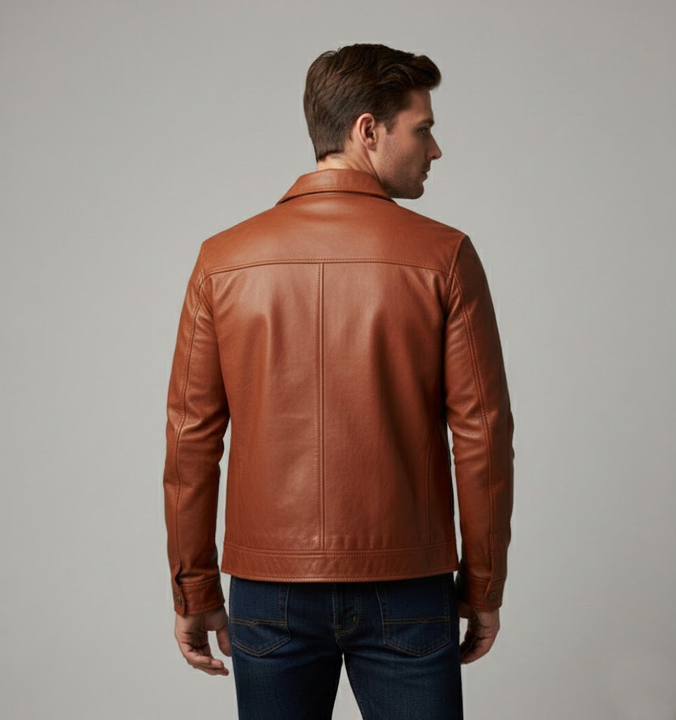 Classic Slim Fit Leather Trucker Jacket for Men