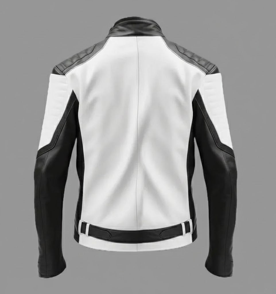 Men’s Two-Tone Cafe Racer Leather Jacket – Black & White Moto Style