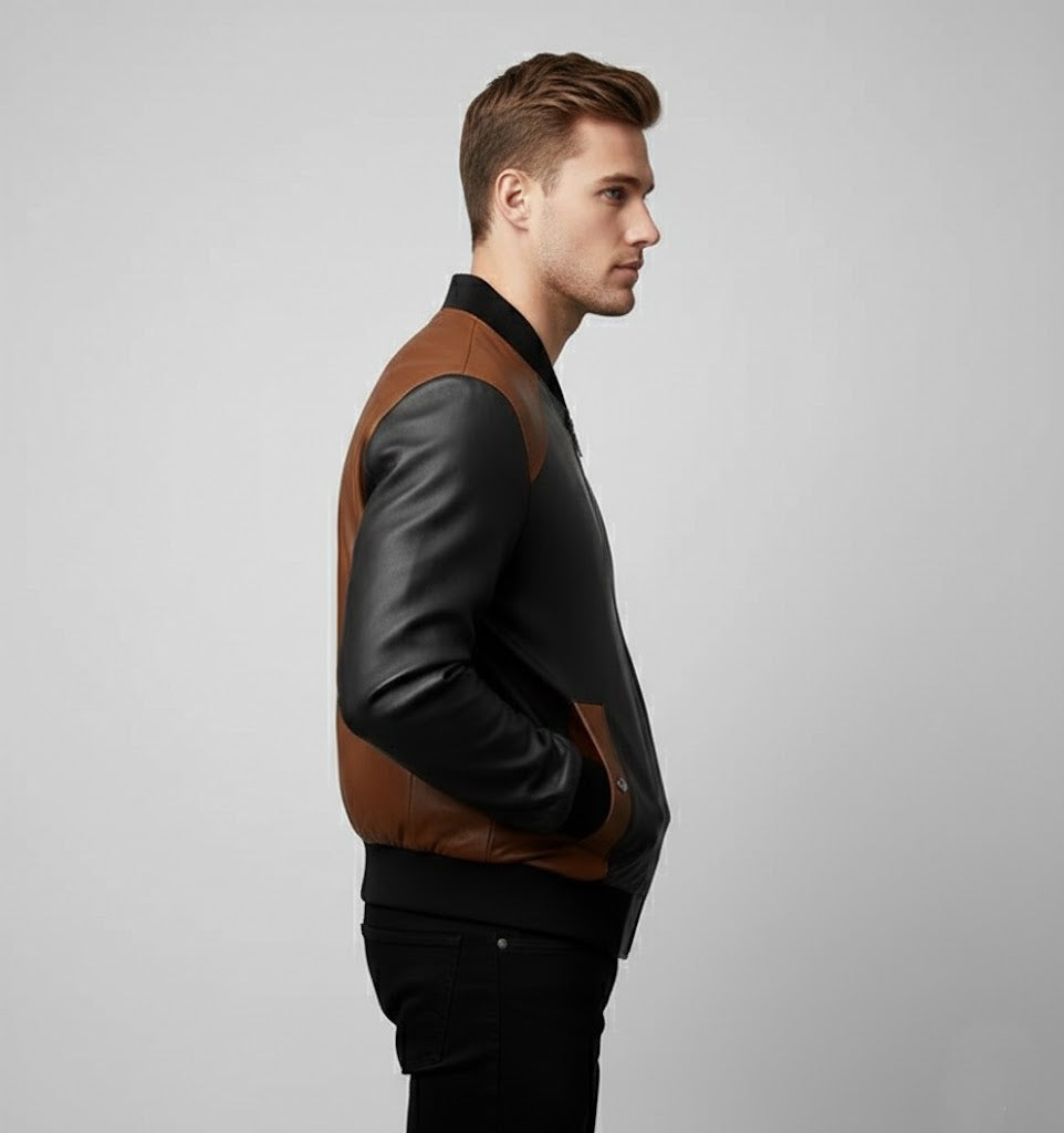 Men’s Tri-Color Leather Bomber Jacket – Real Varsity Style