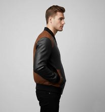 Laden Sie das Bild in den Galerie-Viewer, Herren Bomberjacke aus dreifarbigem Leder – Echter Varsity Style

