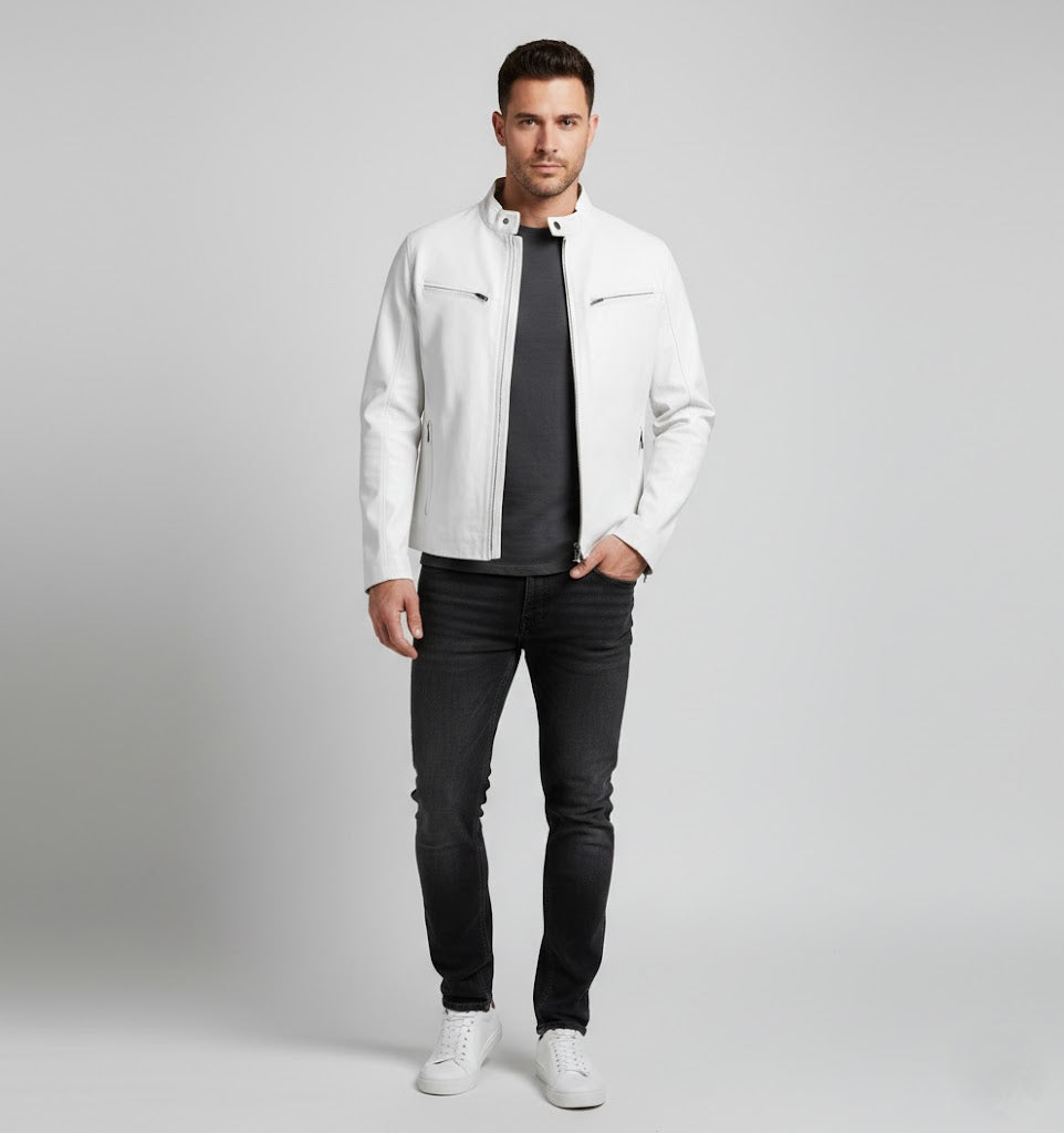Signature Alabaster White Leather Biker Jacket – Slim Fit Moto