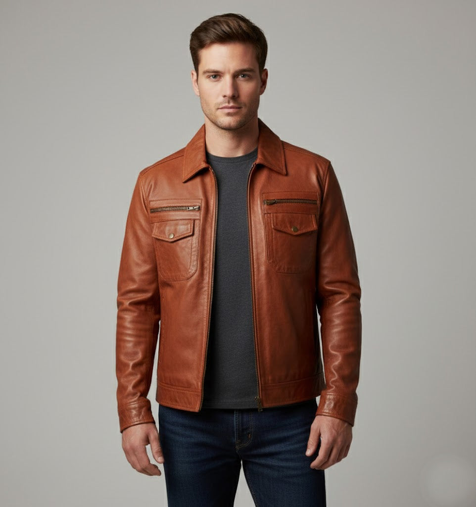 Classic Slim Fit Leather Trucker Jacket for Men