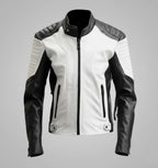 Men’s Two-Tone Cafe Racer Leather Jacket – Black & White Moto Style