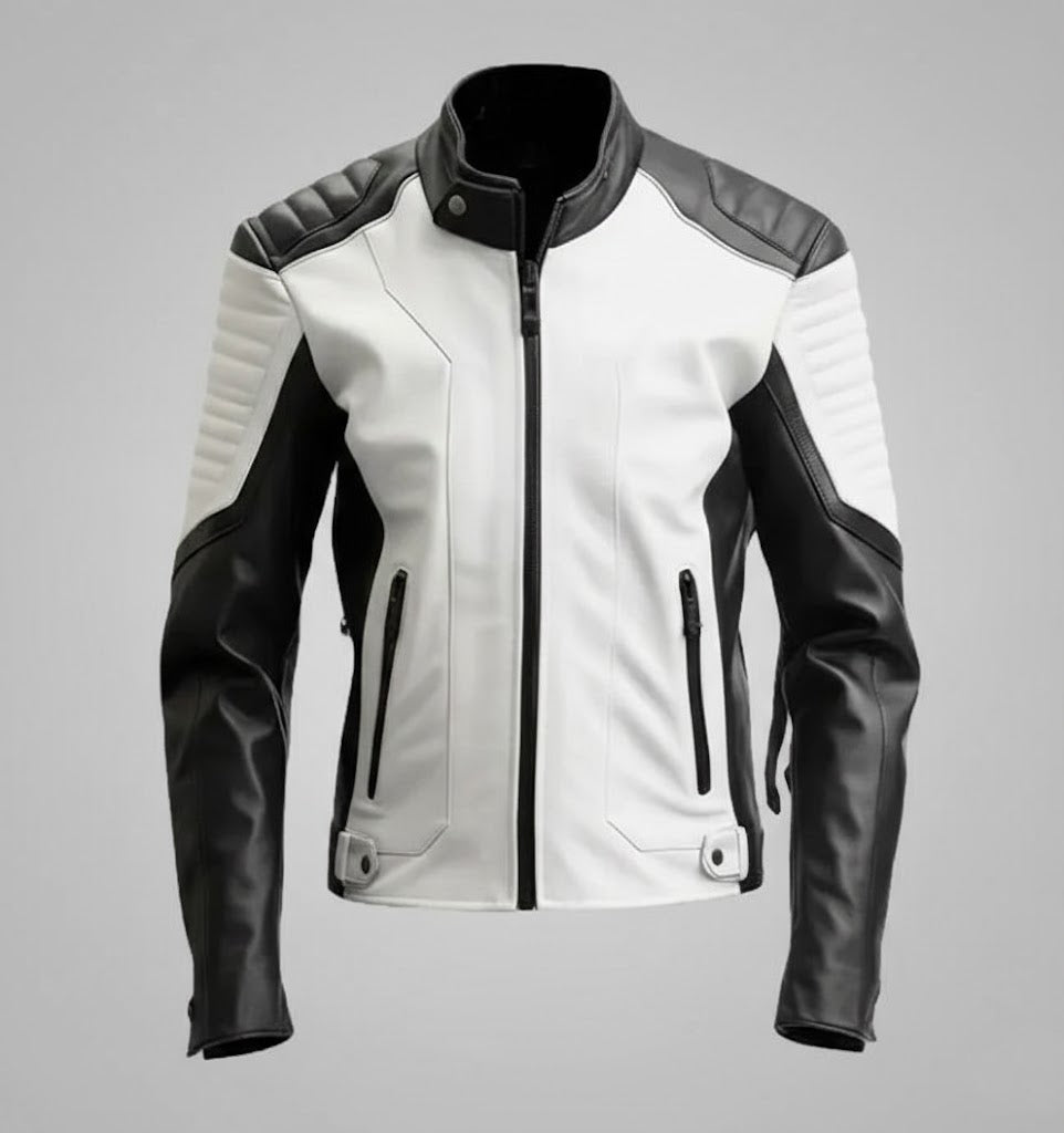 Men’s Two-Tone Cafe Racer Leather Jacket – Black & White Moto Style