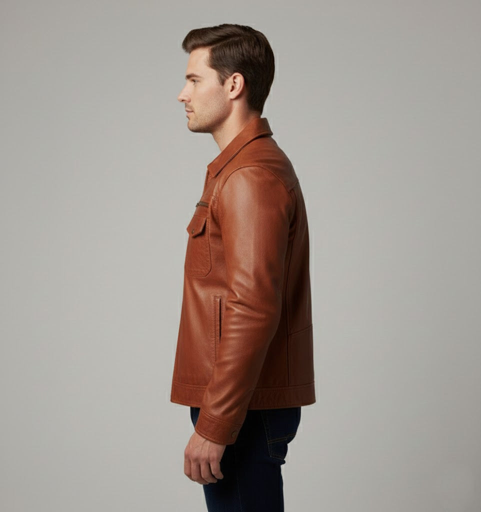 Classic Slim Fit Leather Trucker Jacket for Men