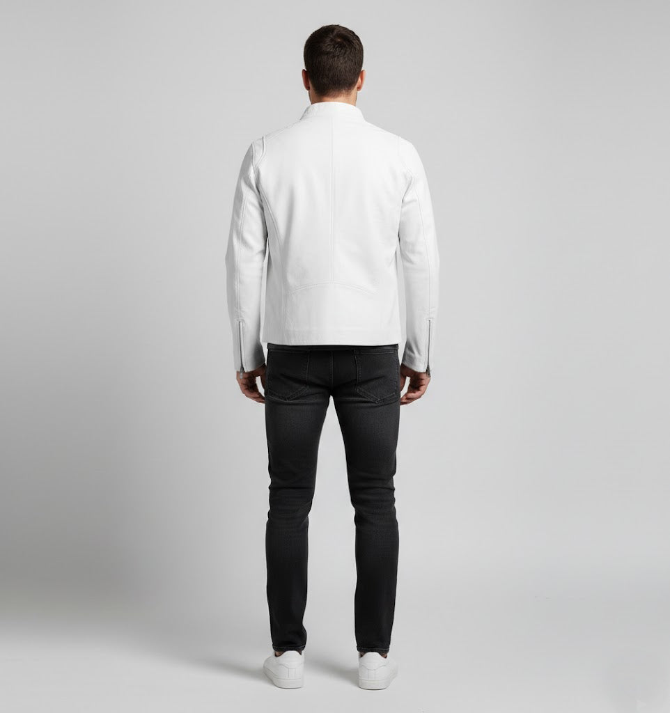 Signature Alabaster White Leather Biker Jacket – Slim Fit Moto