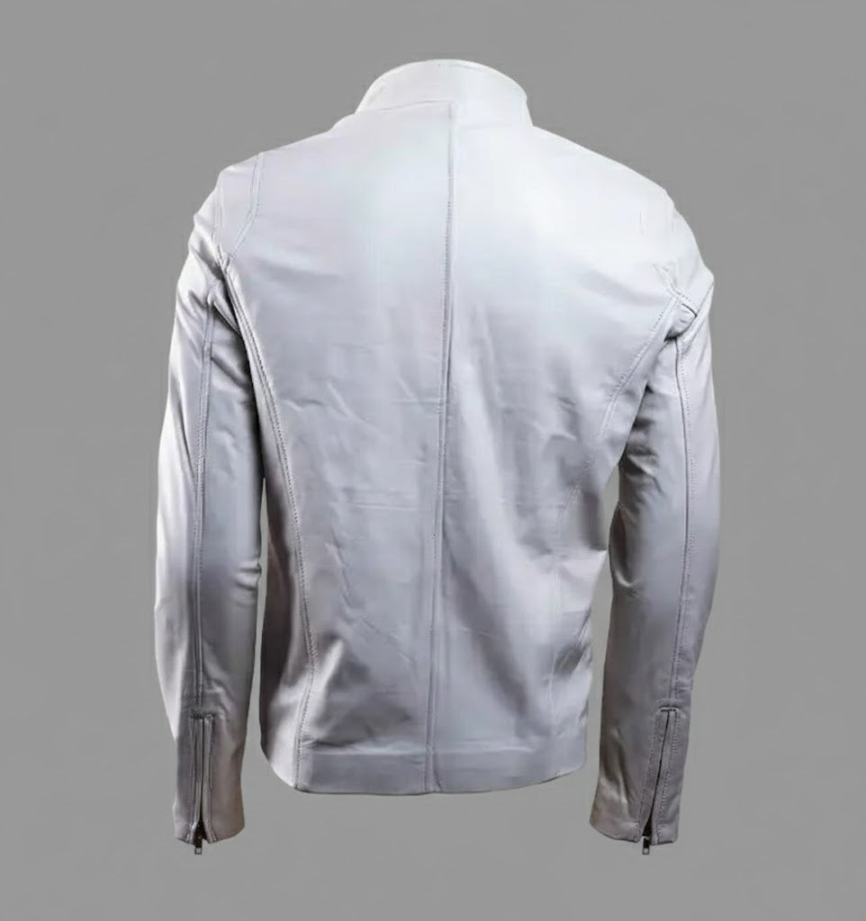 Signature Alabaster White Leather Biker Jacket – Slim Fit Moto