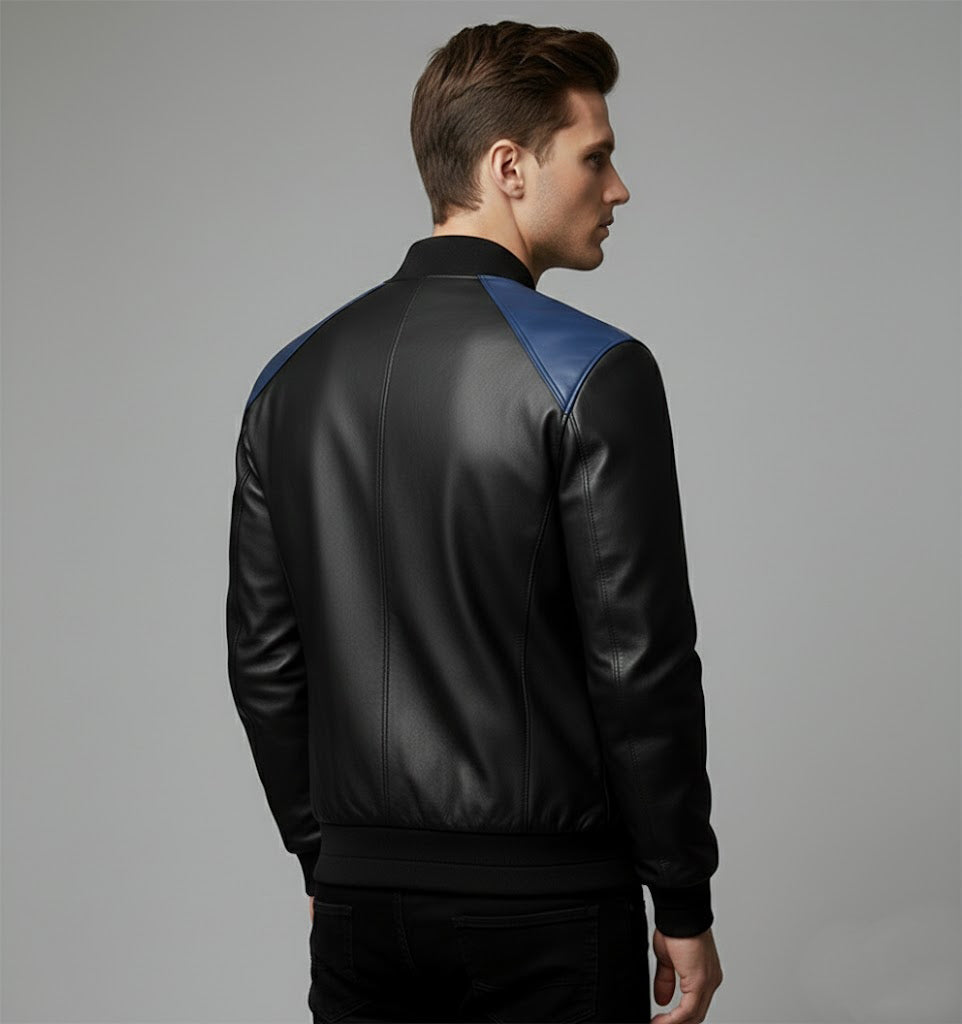 Men’s Black & Royal Blue Leather Bomber Jacket – Two-Tone Varsity Style