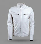 Signature Alabaster White Leather Biker Jacket – Slim Fit Moto