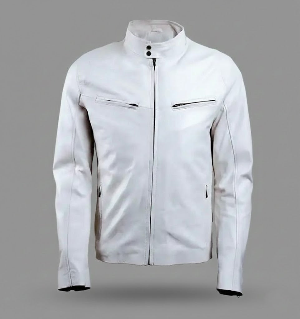Signature Alabaster White Leather Biker Jacket – Slim Fit Moto