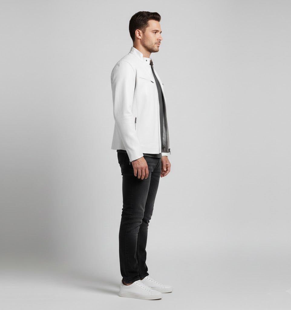 Signature Alabaster White Leather Biker Jacket – Slim Fit Moto
