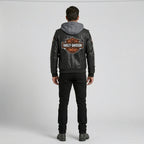 Herren schwarze Kapuzen-Bikerjacke aus Rindsleder – Harley-Stil Moto
