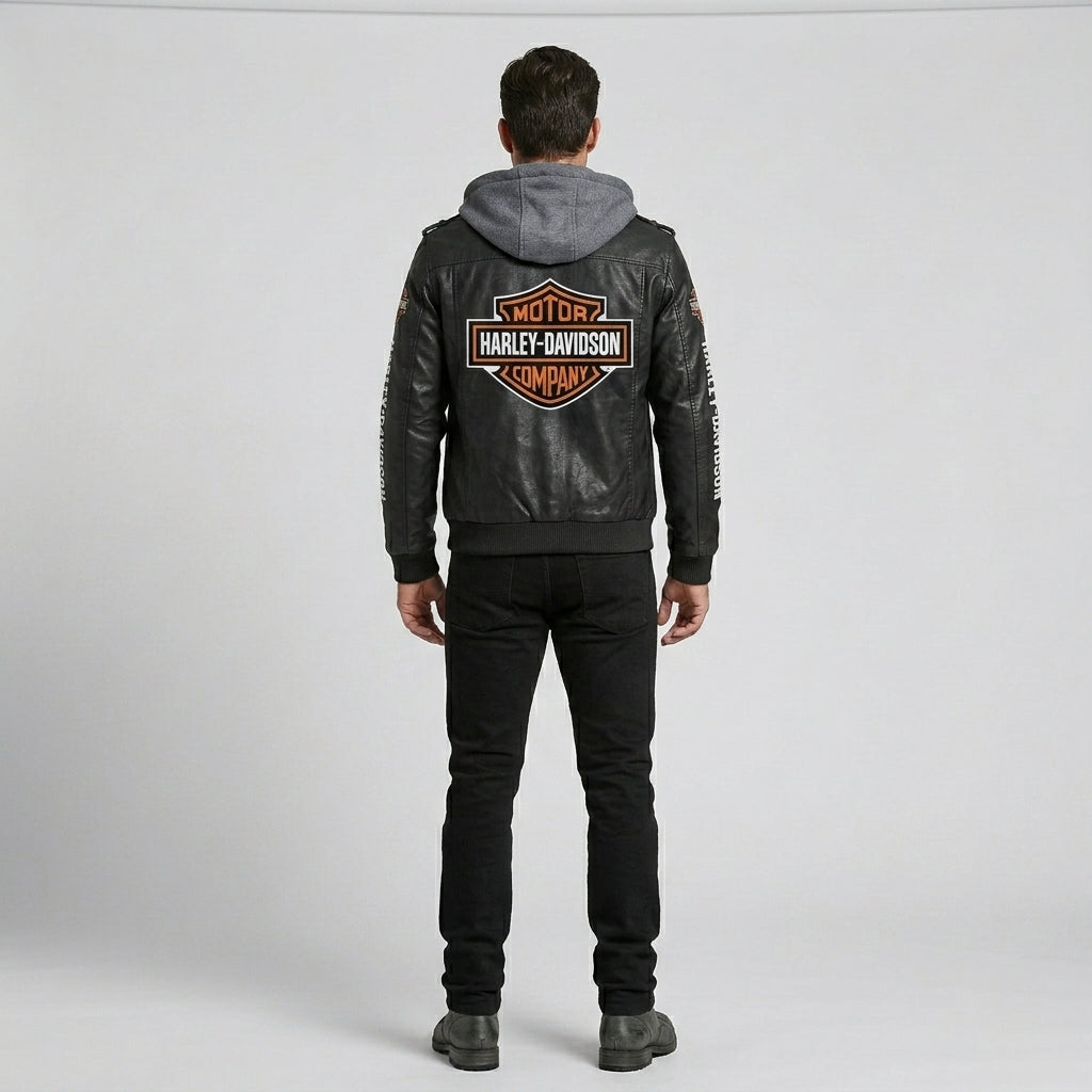 Herren schwarze Kapuzen-Bikerjacke aus Rindsleder – Harley-Stil Moto