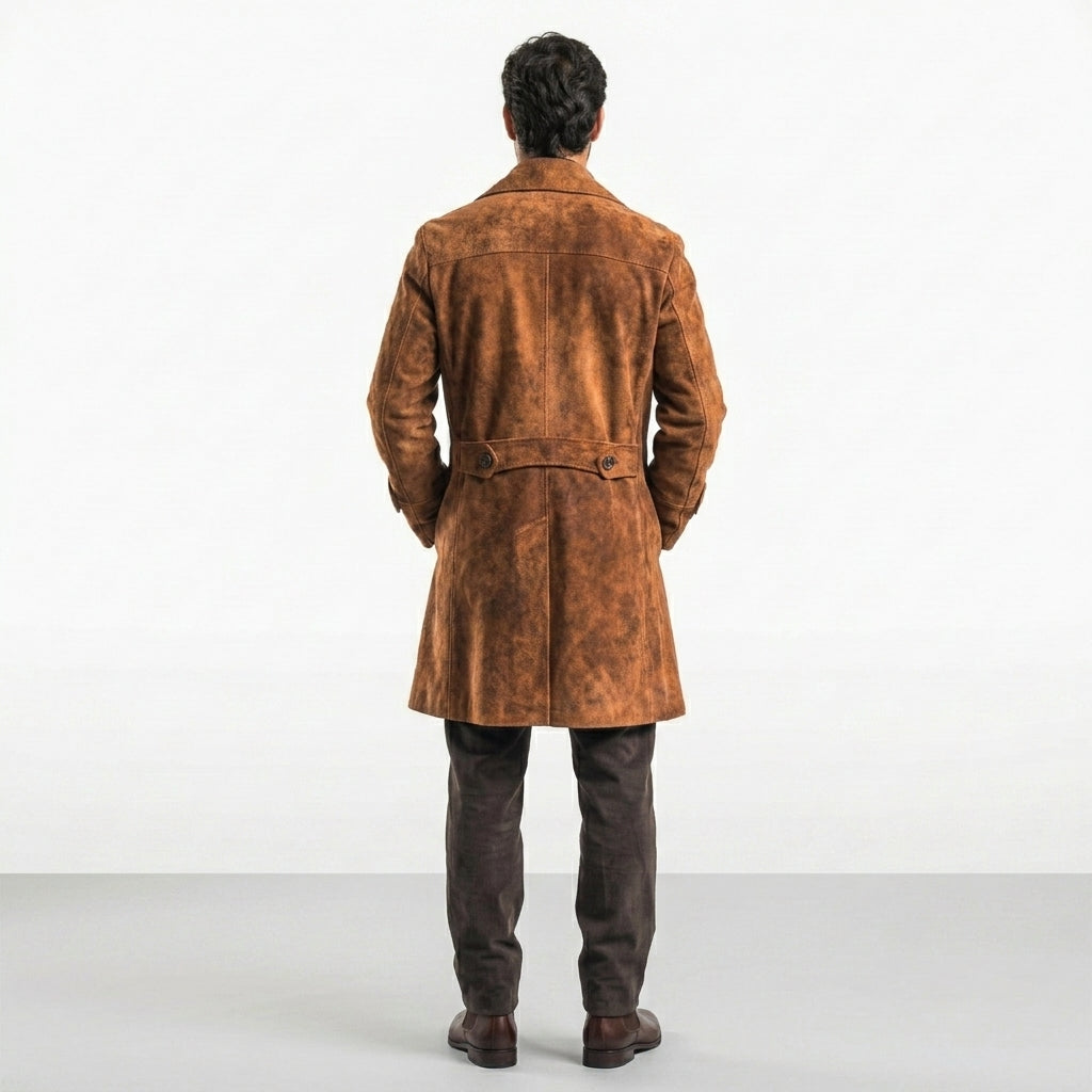 Men’s Vintage Brown Suede Leather Long Coat – Classic Retro Overcoat
