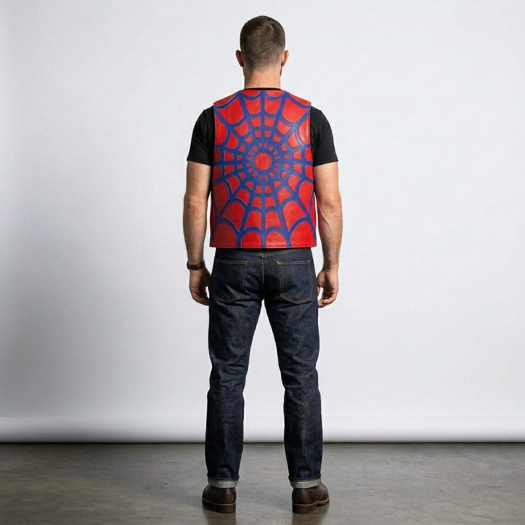 Red Spider Web Leather Vest – Bold Streetwear Biker Style