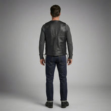 Load image into Gallery viewer, Classic Black Leather Motorcycle Vest – Snap Button &amp; Side Lace Fit
