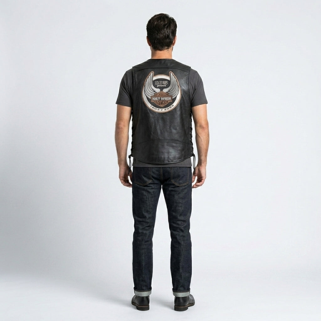 105th Anniversary Leather Motorcycle Vest – Laced Side Classic Edition